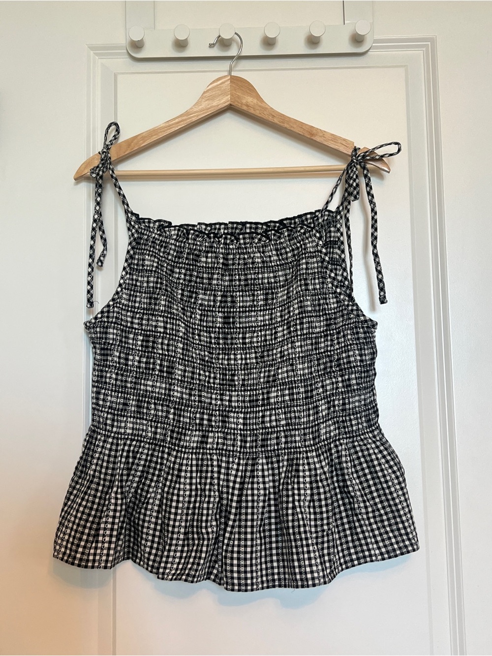 Levi's Black & White Gingham Tie-Shoulder Smocked Peplum Camisole